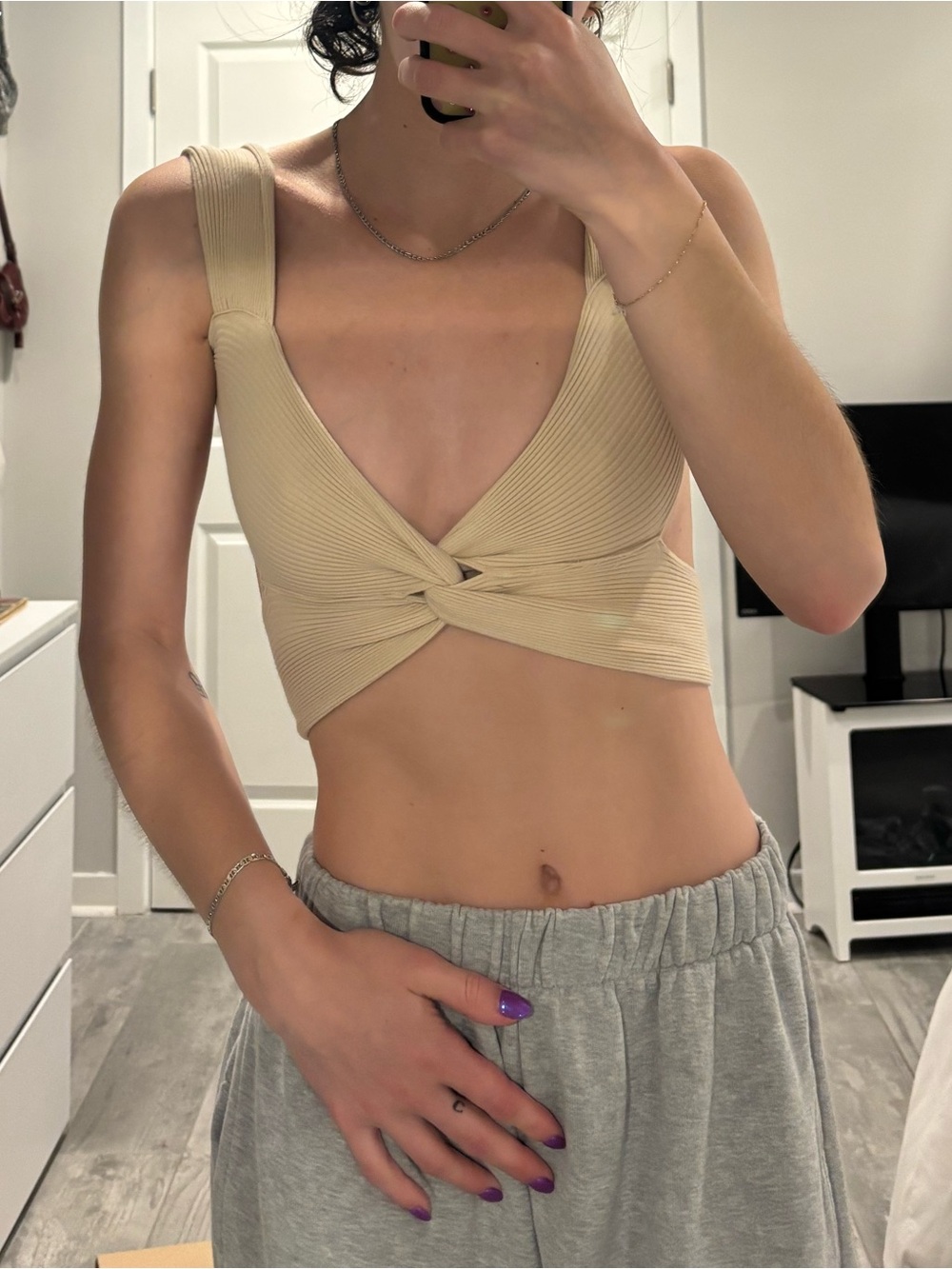 Ribbed Twist Front Crop Top in Beige